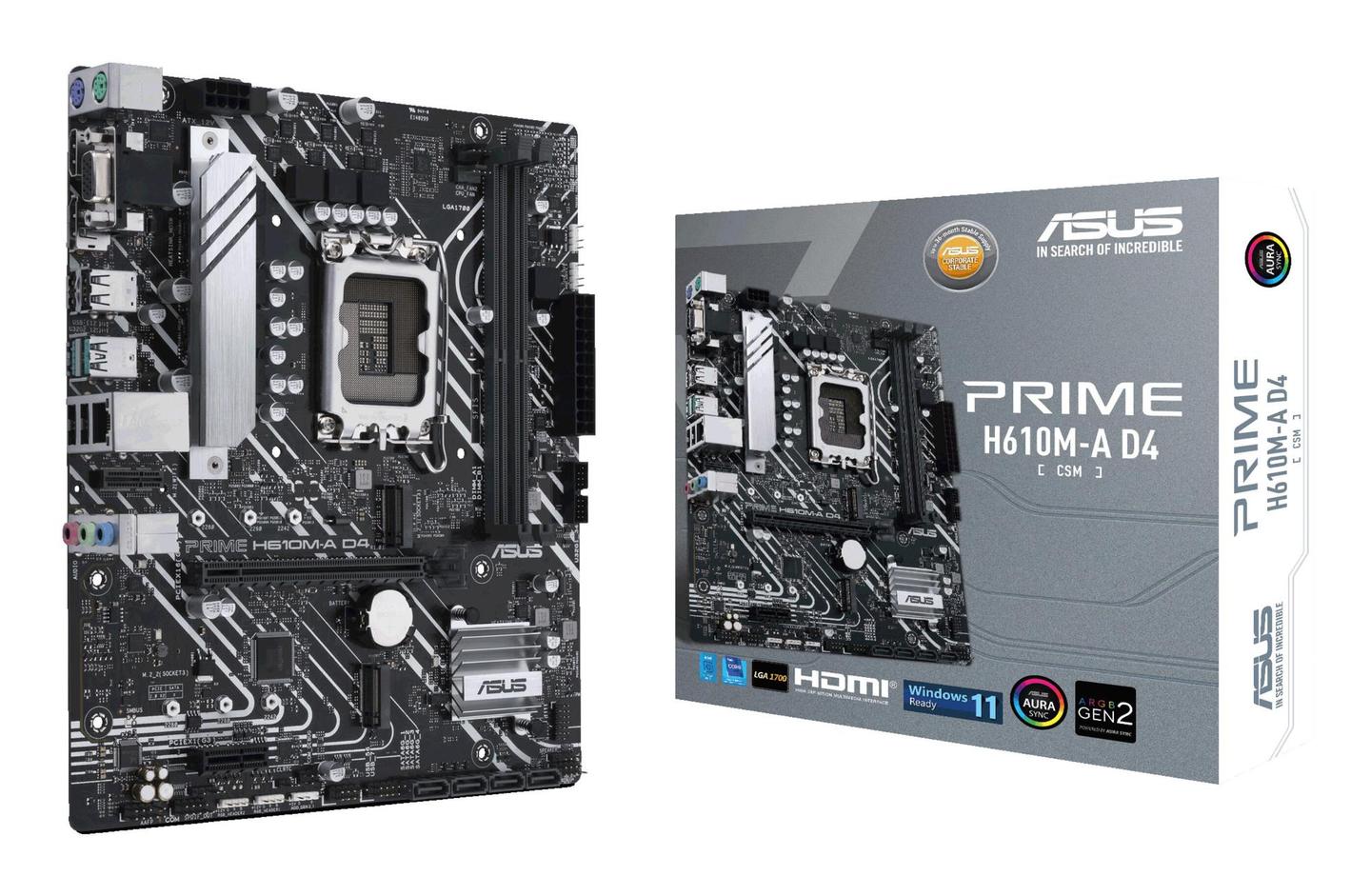 Pllakë Amë ASUS PRIME H610M-A D4-CSM / LGA1700 / H610 / DDR4 / Micro-ATX / DP+HDMI+D-Sub / 1GbE LAN