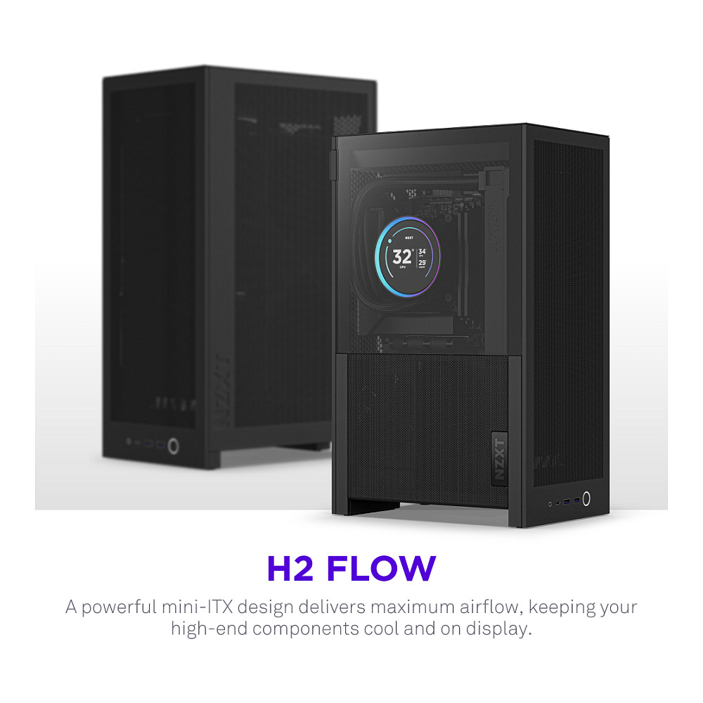 Kasë PC NZXT H2 Flow / SFF / Mini-ITX / 2x 120mm Fan / Tempered Glass / Mesh / PCIe 5.0 Riser / 280mm Radiator - Zezë - 2