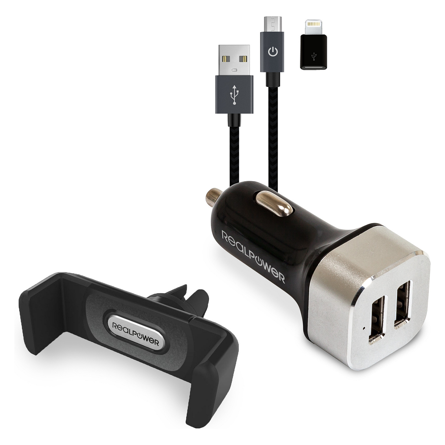 Adapter telefoni për veturë RealPower 168182 / 2x USB-A / 4.8A / Mbajtëse për smartphone / Kabllo Micro-USB + Lightning / Set - Zezë/Argjend