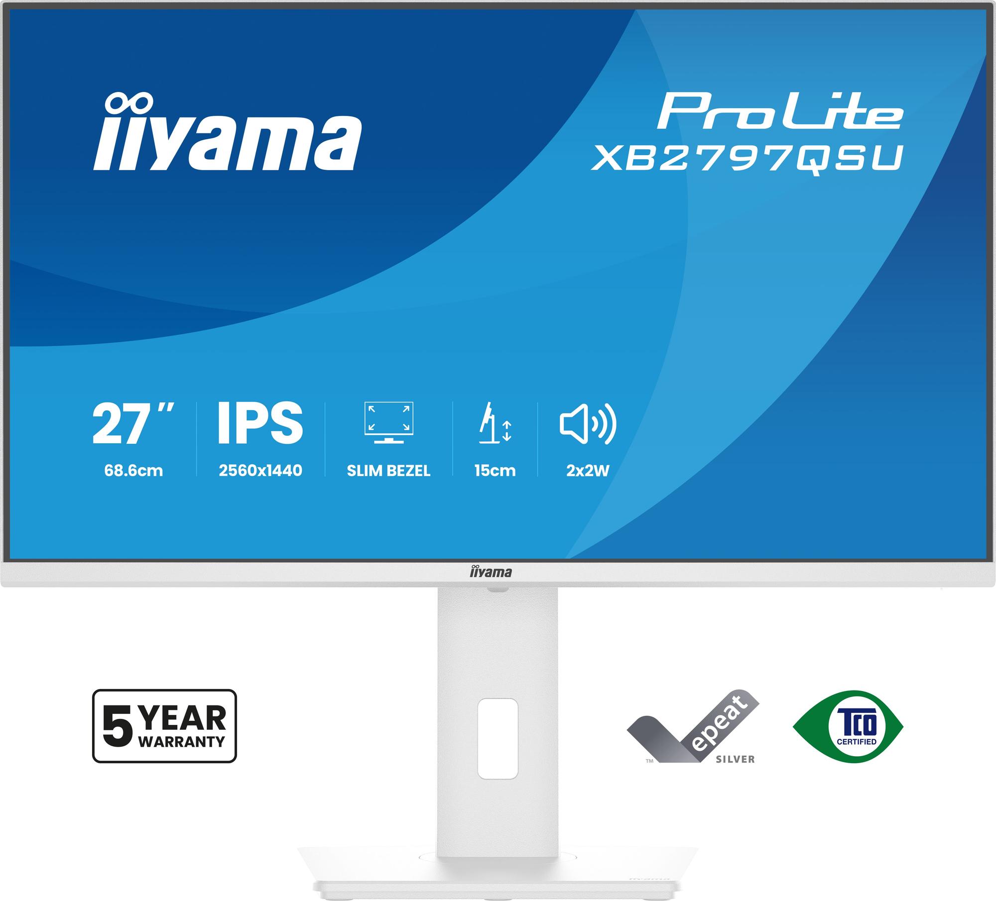Monitor iiyama ProLite XB2797QSU-W1 / 27" / QHD IPS / 75 Hz / 1 ms / HDMI + DisplayPort + USB – Bardhë - 2