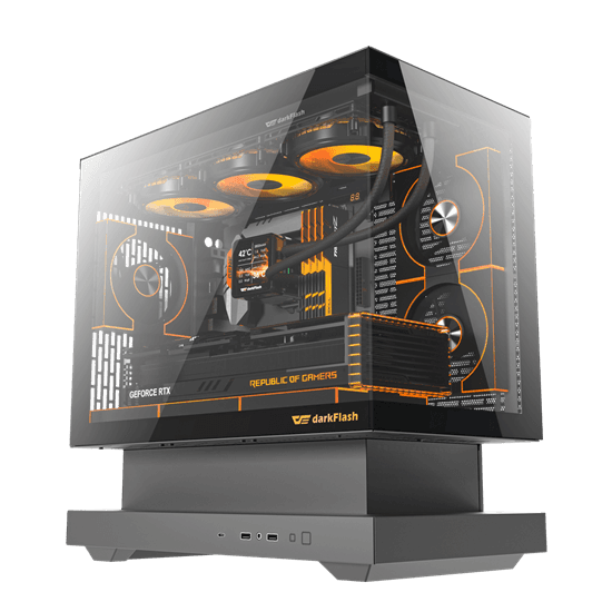 Kasë Darkflash FLOATRON F1 / M-ATX Mid-Tower / 6x120mm ARGB / USB Type-C / Xham i Temperuar / Floating Design – Zezë