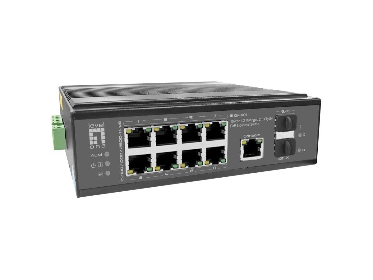 Switch Industrial LevelOne IGP-1091, 8 porta 2.5G Ethernet PoE++, 2 porta SFP+, PoE 480W, Switching Capacity 120Gbps, Layer 3 Managed, IP40, montim në shinë DIN - Zezë