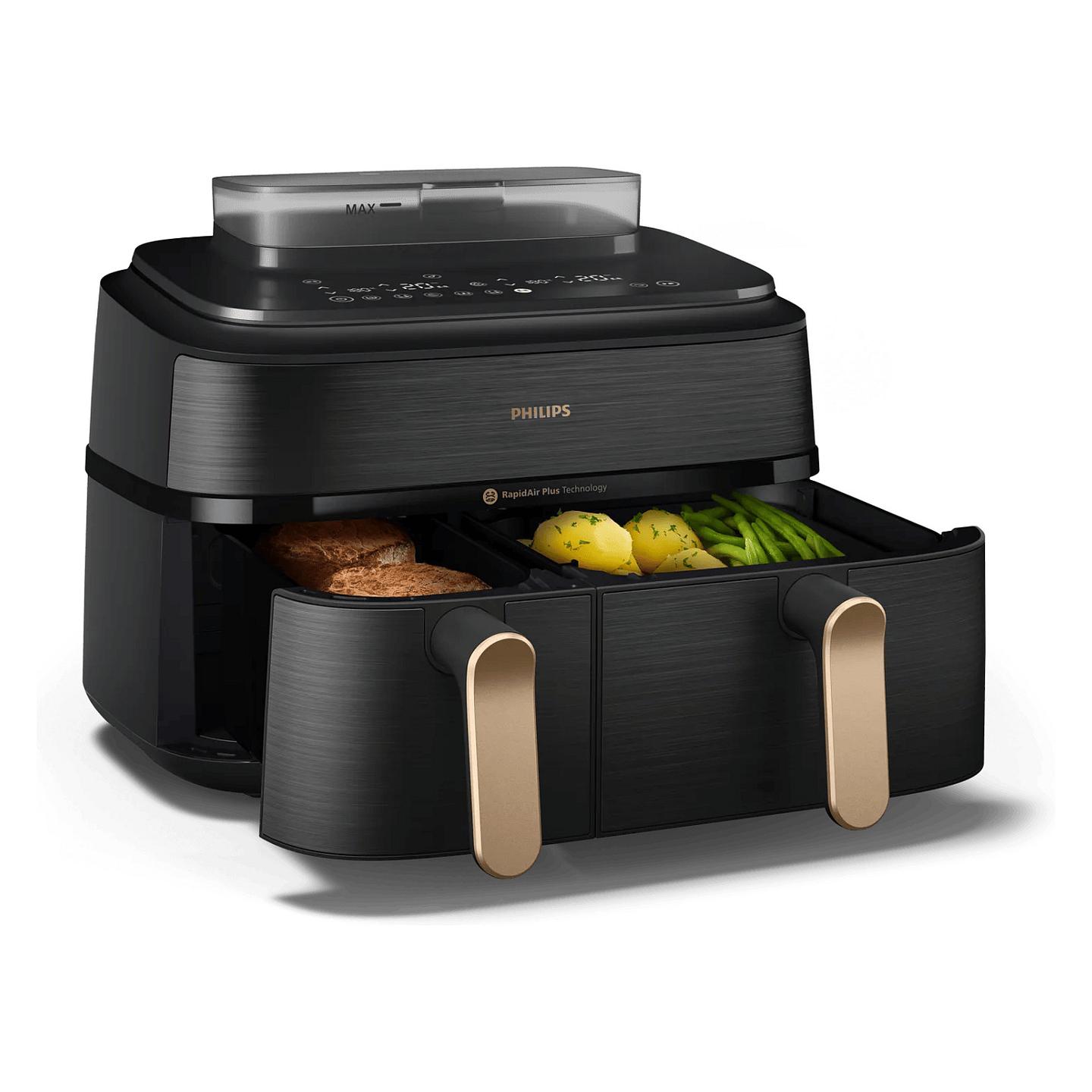 Fryer Philips 5000 Series Dual Basket / NA552/00 / 9L / 2750W / 2 Koshë / 6L+3L / 12 Programe / 40–200°C / RapidAir Plus / Air Steam – Zezë/Gold - 7