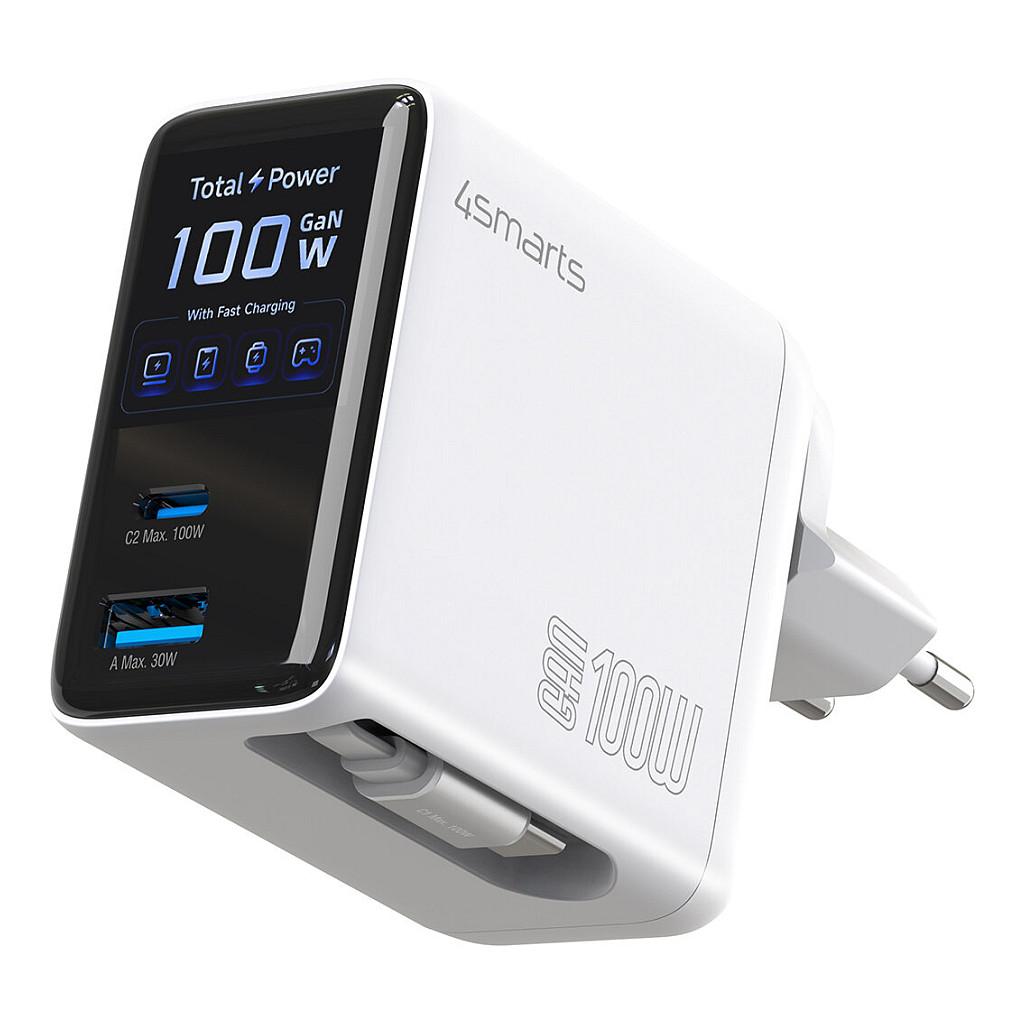 Adapter 4smarts GaN Flex Screen AI / 100W / 2x USB-C + USB-A / PD / PPS / Ekran Inteligjent - Bardhë