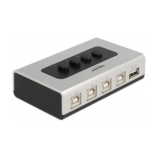 Ndërprerës USB DeLOCK 87763, 4x USB Type-B Femër në 1x USB Type-A Femër, USB 2.0, 480 Mbps, 4 Butona – Argjend / Zezë - 1