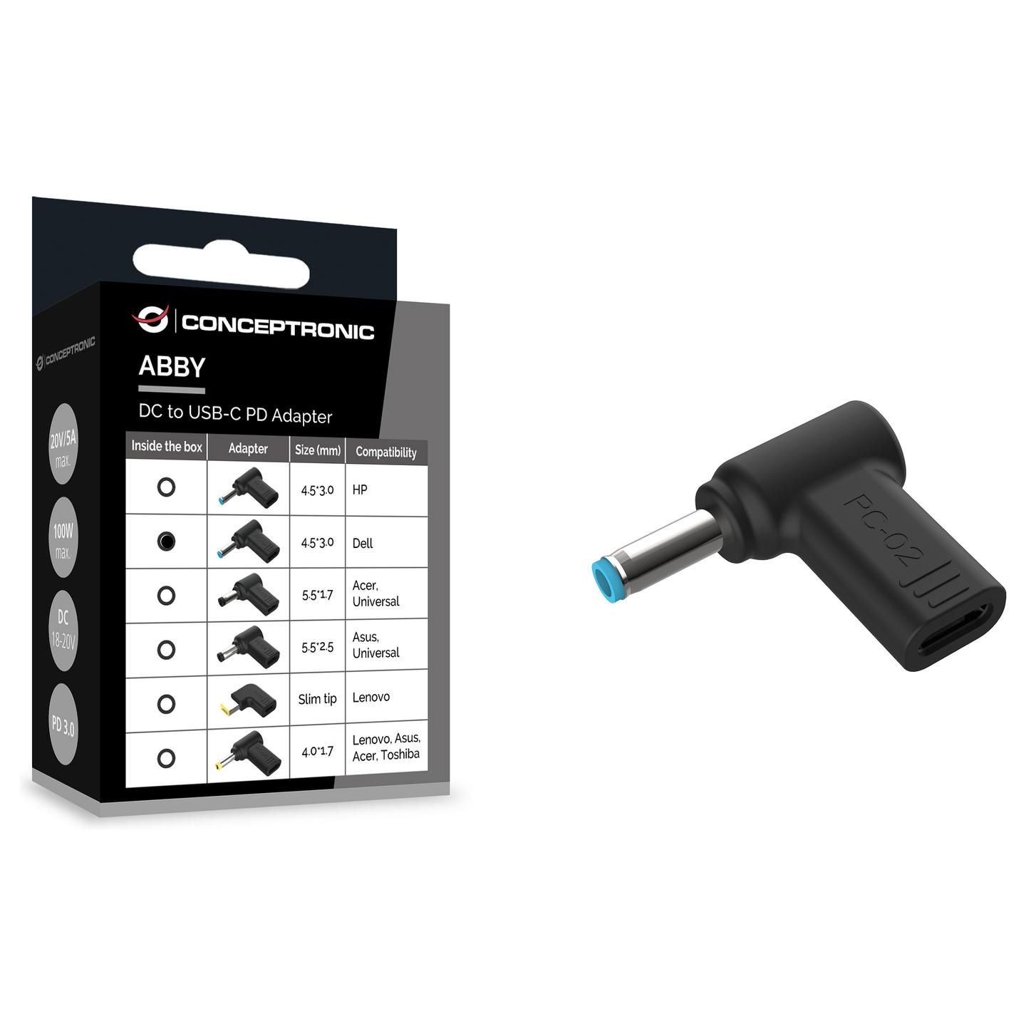 Adapter për Laptop Conceptronic ABBY15PC02 / DC në USB-C / Dell 4.5 × 3.0mm / 18–20V  - 3
