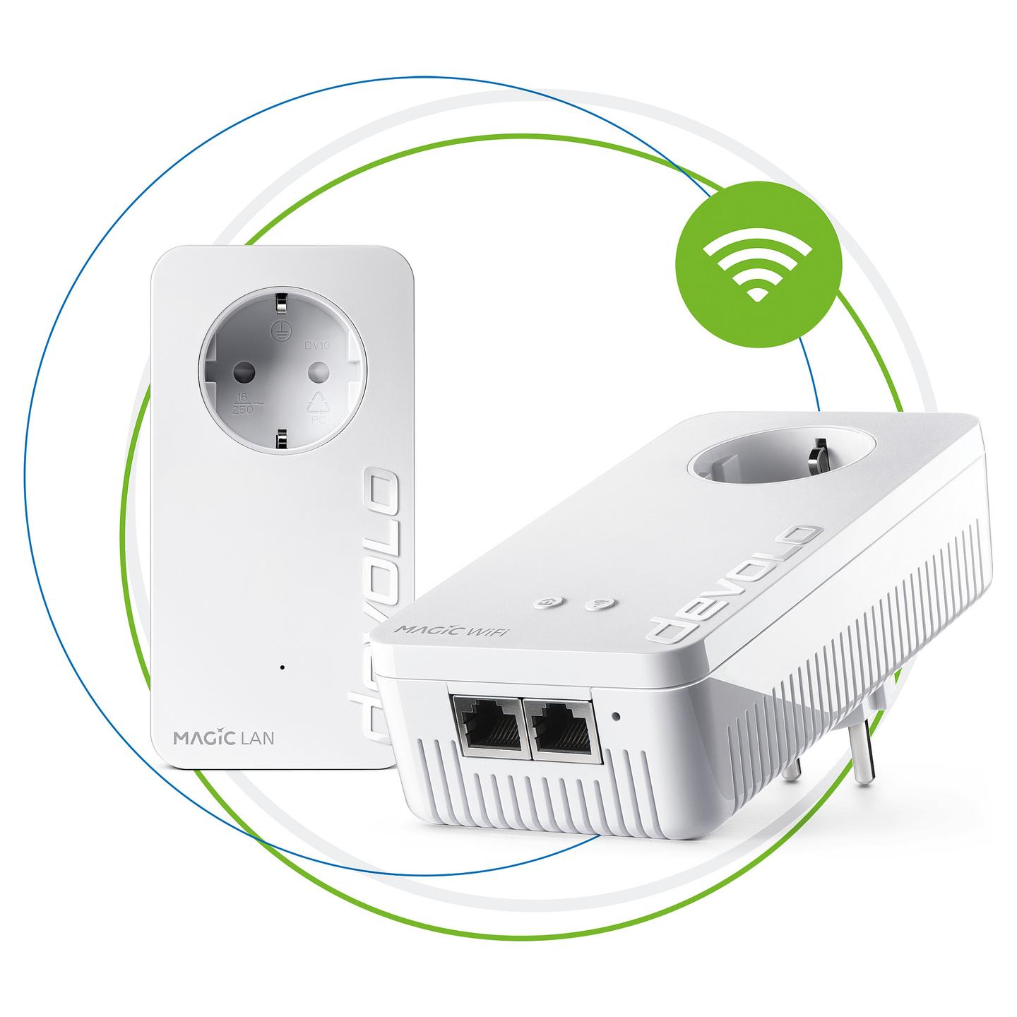 Power-LAN devolo Magic 2 WiFi next Starter Kit, 2400Mbps, G.hn, Wi-Fi 5, 2× Gigabit Ethernet, 10/100/1000Mbps, Mesh, MIMO - Bardhë