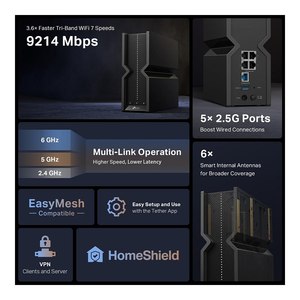 TP-Link Archer BE550 Wi-Fi 7 BE9300 Tri-Band deri 9214Mbps, 6GHz, 5× 2.5Gbps, MLO, 320MHz, 4K-QAM, EasyMesh dhe USB 3.0. - 5