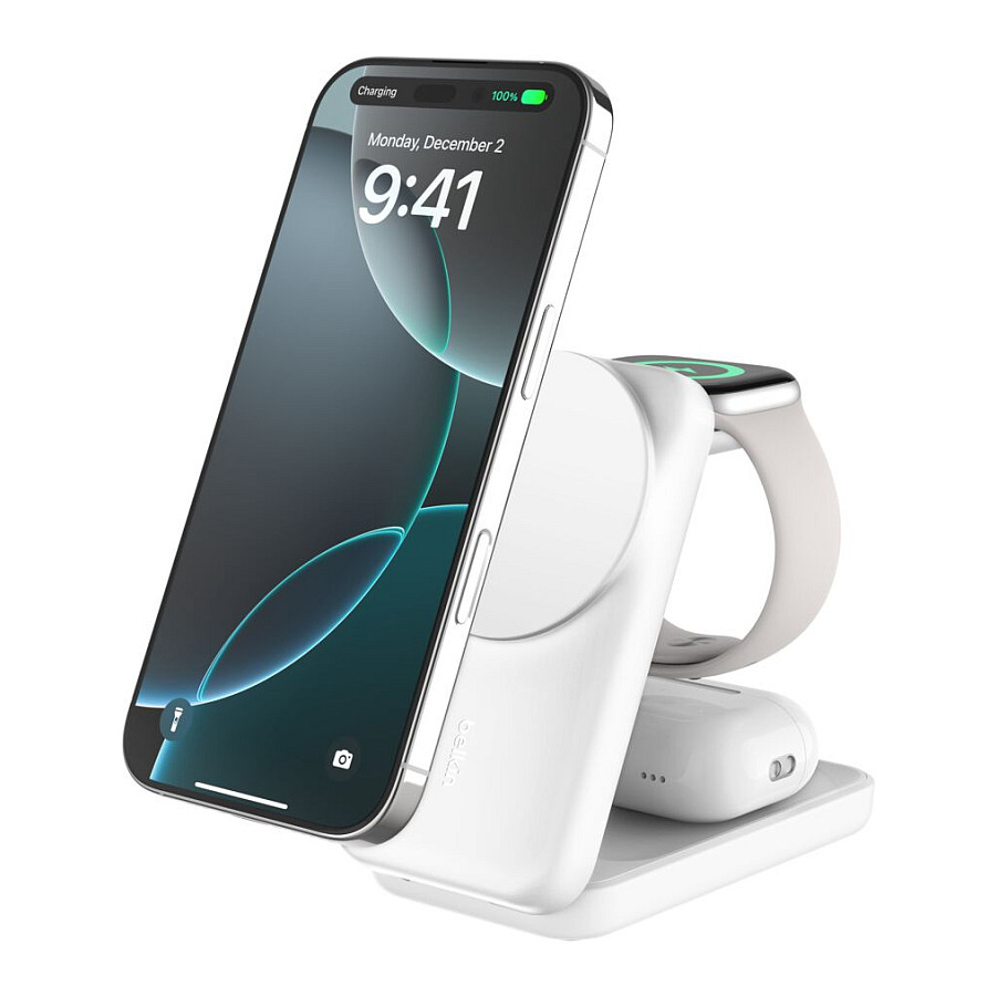 Karikues Belkin UltraCharge / 3-në-1 / Qi2 / 25W / MagSafe / USB-C / Adapter 45W - Bardhë