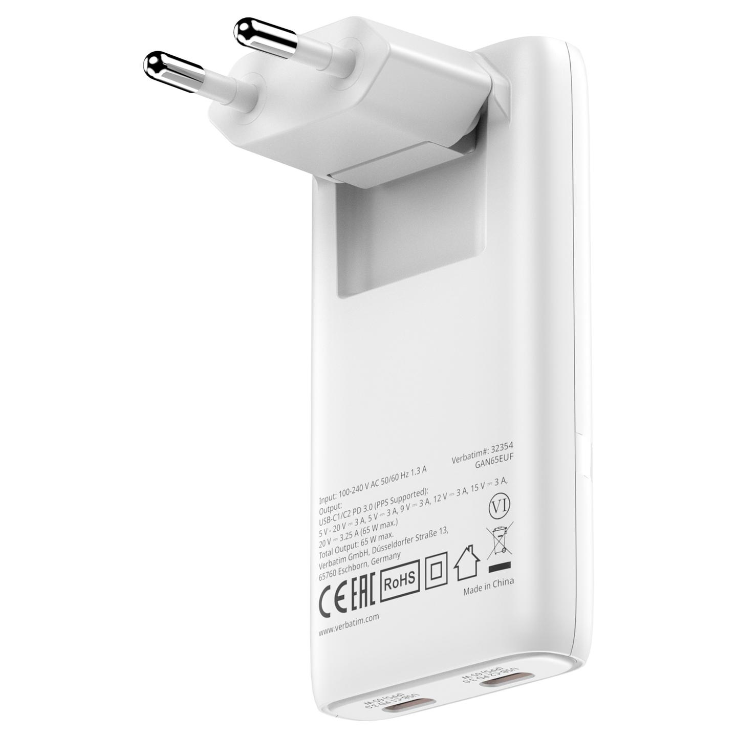 Karikues Verbatim Fold ’n’ Go GaN 32355, 65W, 2x USB-C, Power Delivery 3.0, PPS – Bardhë