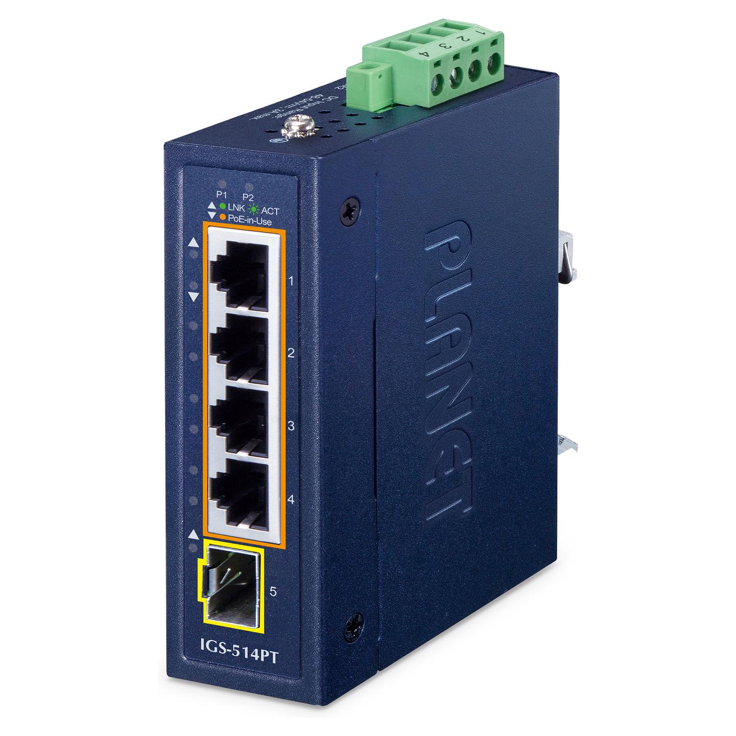 Switch Industrial PLANET IGS-514PT, 4x Gigabit Ethernet RJ45 PoE+, 1x Gigabit SFP, PoE 120W, 10Gbps, IP30, DIN-Rail - Blu