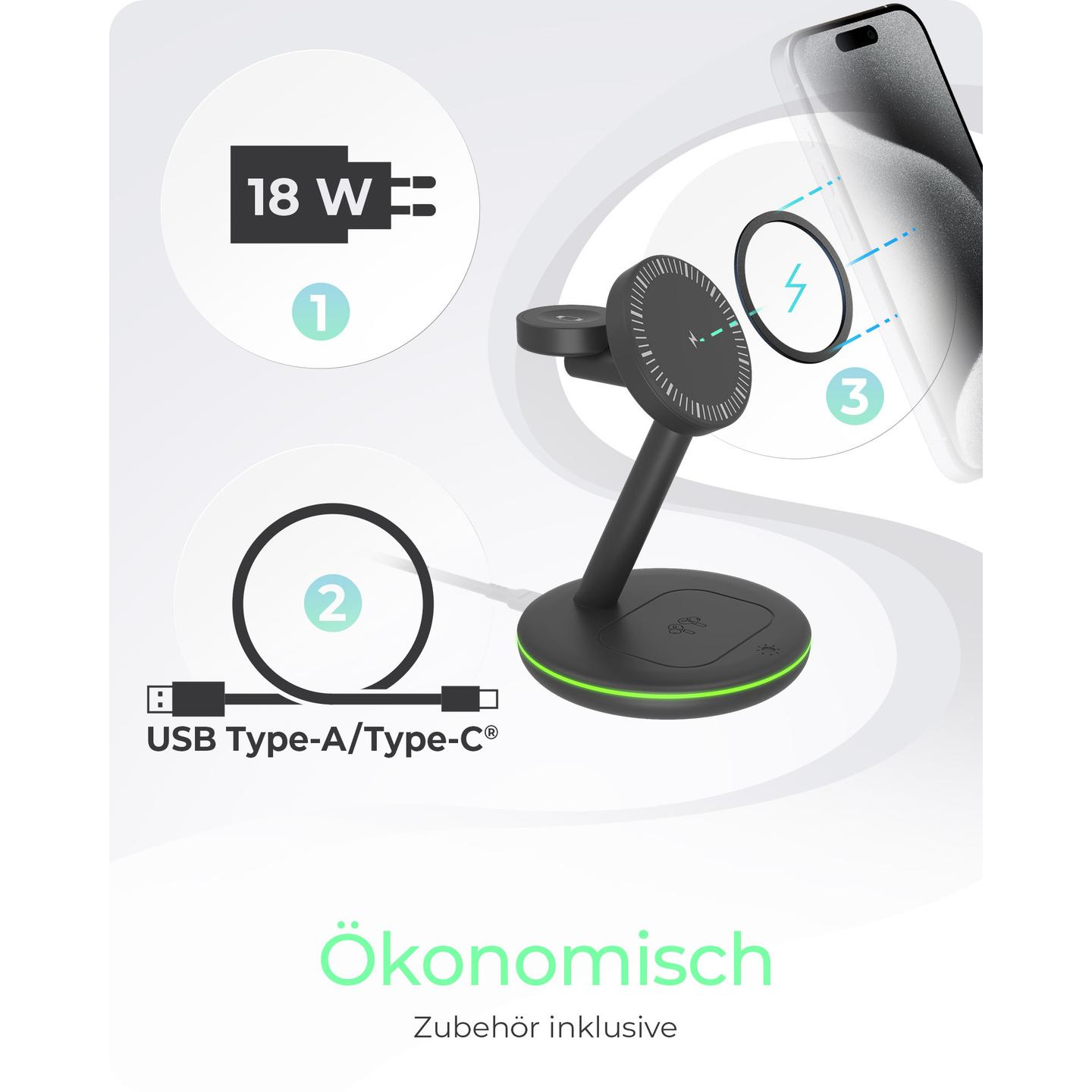 Karikues Pa Kabllo ICY BOX IB-SH102-CH / 3 në 1 / Qi / MagSafe / 10W - Zezë - 4