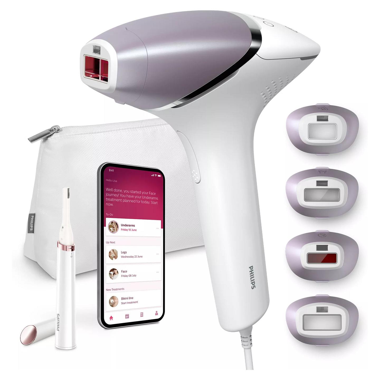 Makinë Depilimi Philips Lumea IPL Series 8000 BRI949/00, SenseIQ, 4 Koka, me Prerës HP6388 – Bardhë , Vjollcë