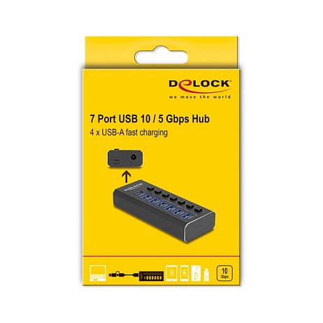 Adapter USB DELOCK 7-Port Hub / 4 Ports 10 Gbps + 4 Fast-Charge Ports 5 Gbps with Switch and Lighting - 6