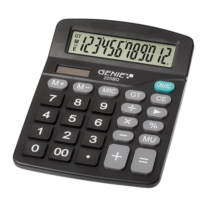 Kalkulator GENIE 225 BD, 12 shifra, Dual-Power, LCD, funksion përqindjeje, llogaritje rritjeje - Zezë 