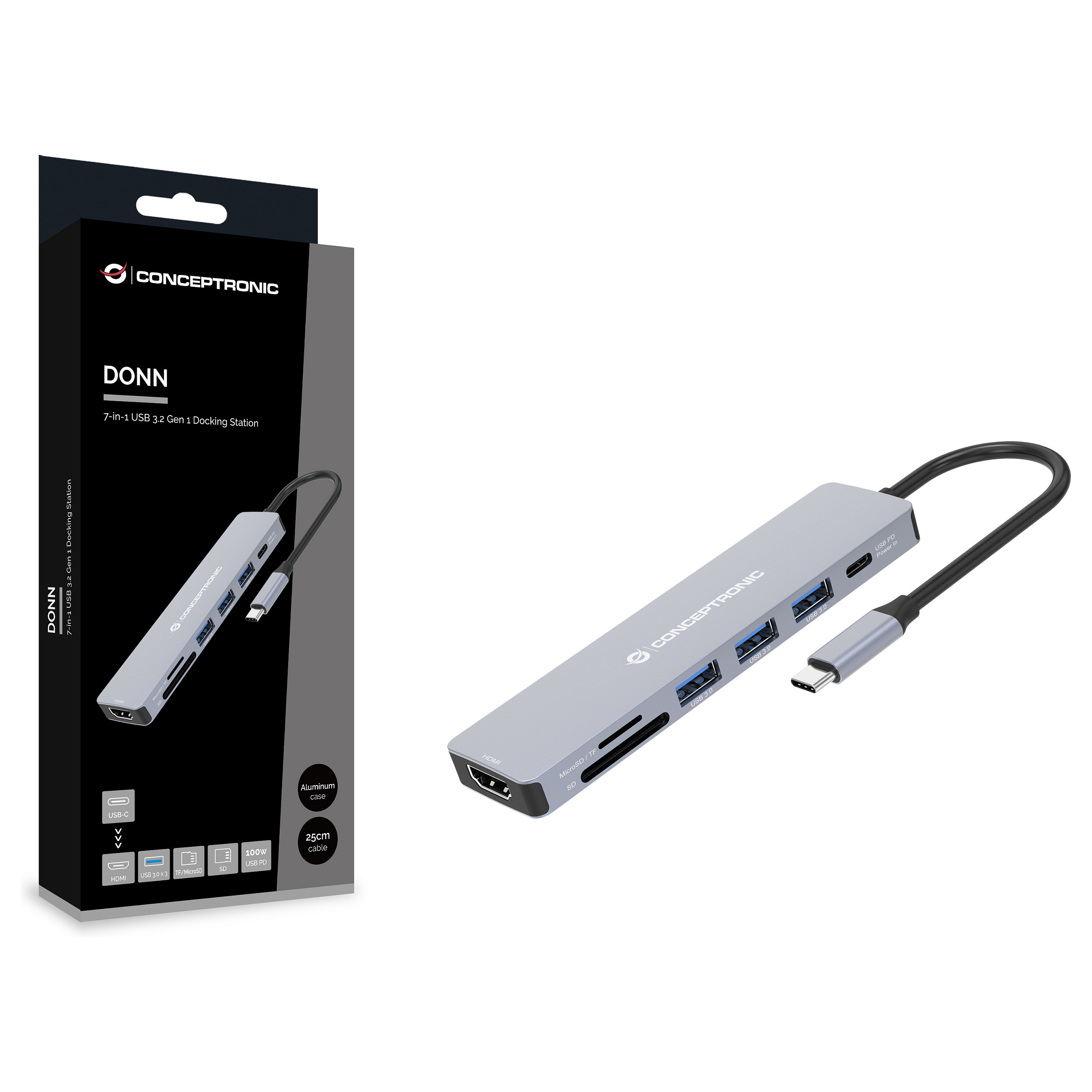 Hub Udhëtimi CONCEPTRONIC 7-në-1 USB-C në HDMI/3xUSB-A/SD/TF - Hiri - 3