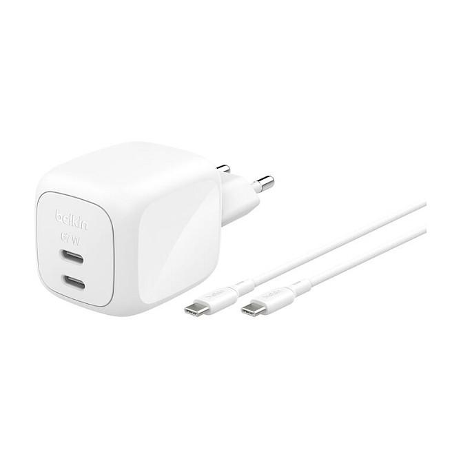 Karikues Belkin BoostCharge Pro / 67W / 2x USB-C / PD / PPS / GaN / Kabllo 2m - Bardhë