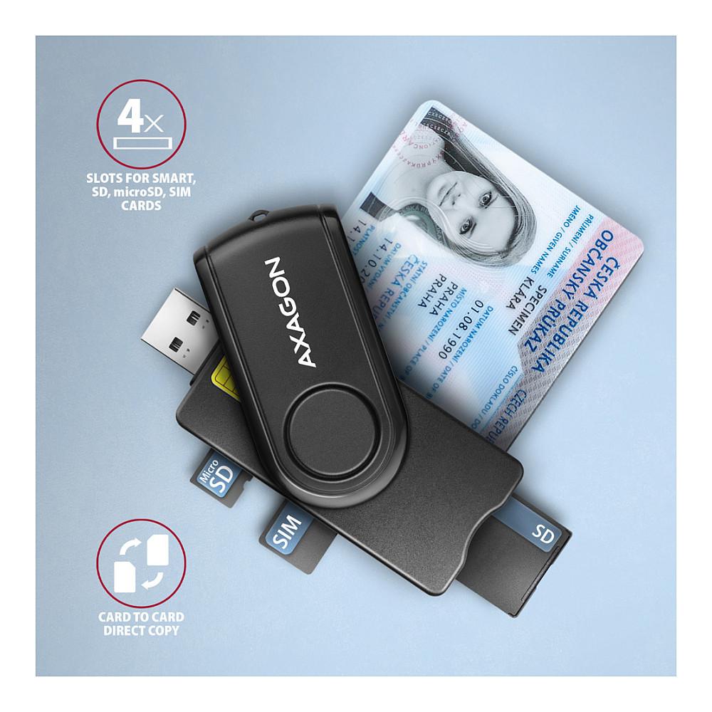 Lexues Kartelash AXAGON CRE-SMP2A, USB 2.0, Smart Card/ID, SD, microSD, SIM, USB-A me adapter USB-C – Zezë - 3
