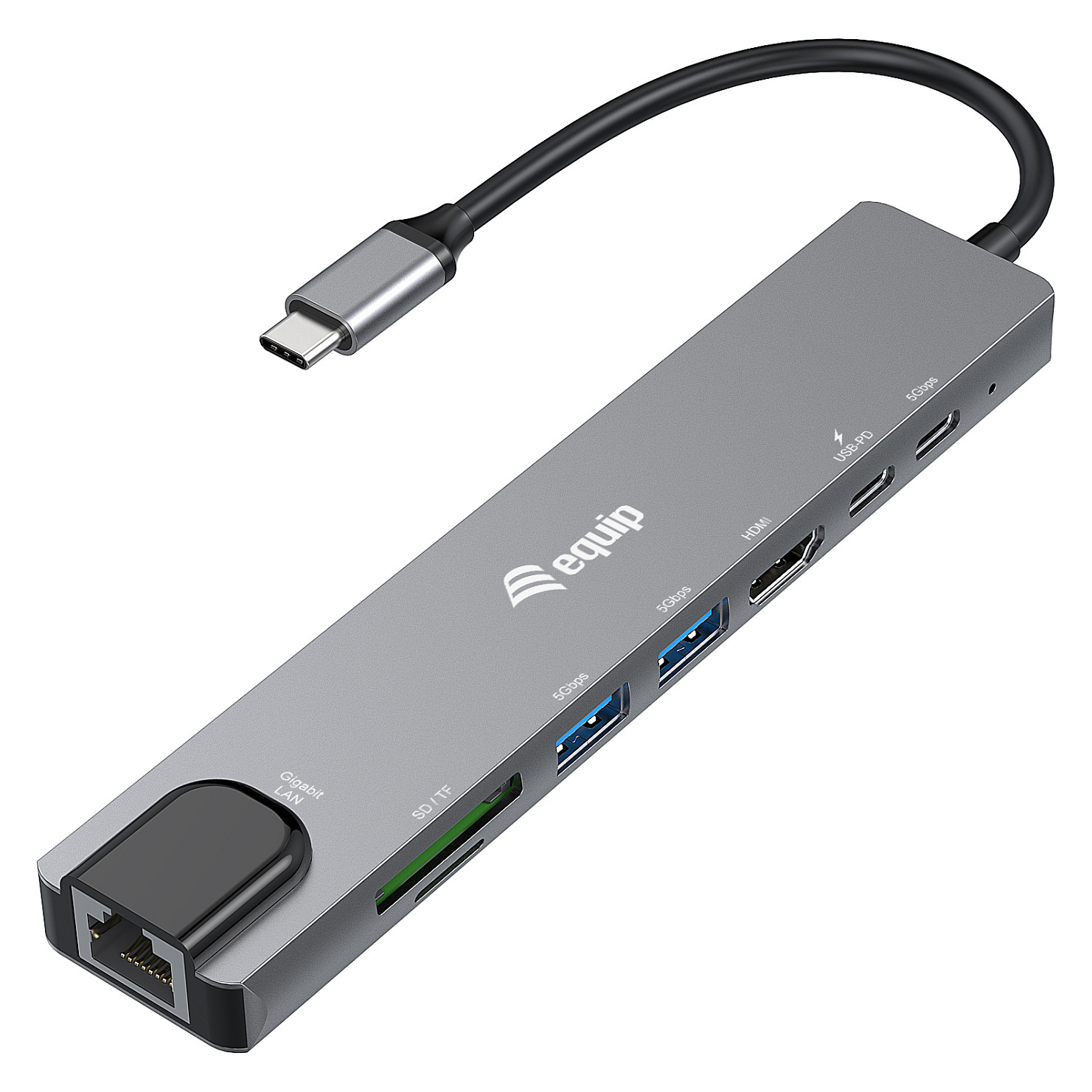 Adapter Equip USB-C në HDMI / GbE / 3×USB 3.2 Gen1 / SD & TF / PD 100W - 1