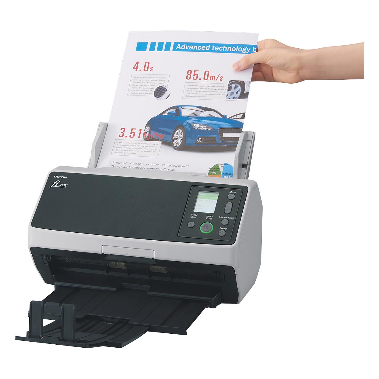 Skaner Ricoh fi-8170 / A4 / Dual CIS / 600 × 600 DPI / Duplex / 70 ppm / 140 ipm / ADF 100 Fletë / 10.000 Fletë/Ditë / USB 3.2 / Ethernet - Gri e errët/Bardhë - 5