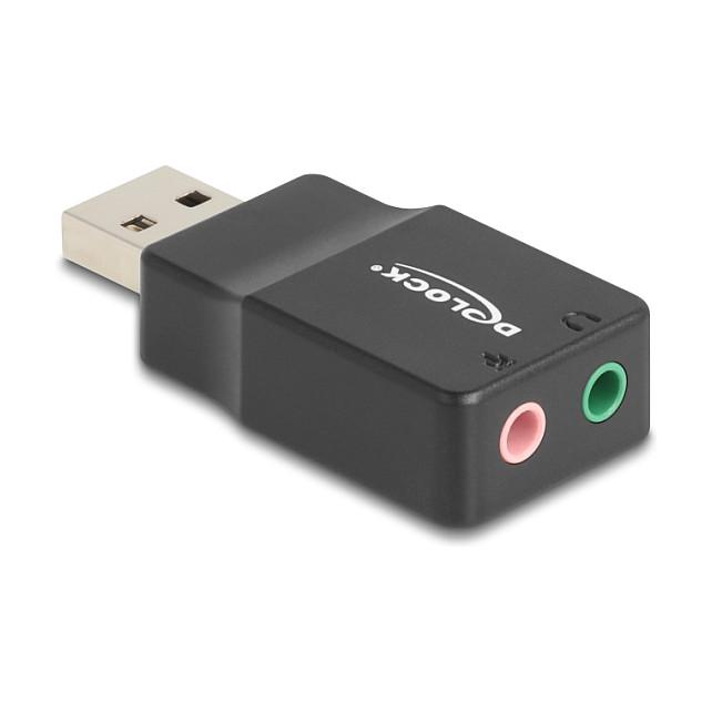 Karta e Zërit USB DeLOCK 66634, USB-A Mashkull, 2x 3.5mm Femër, 16-bit, 48kHz, Plug & Play - Zezë