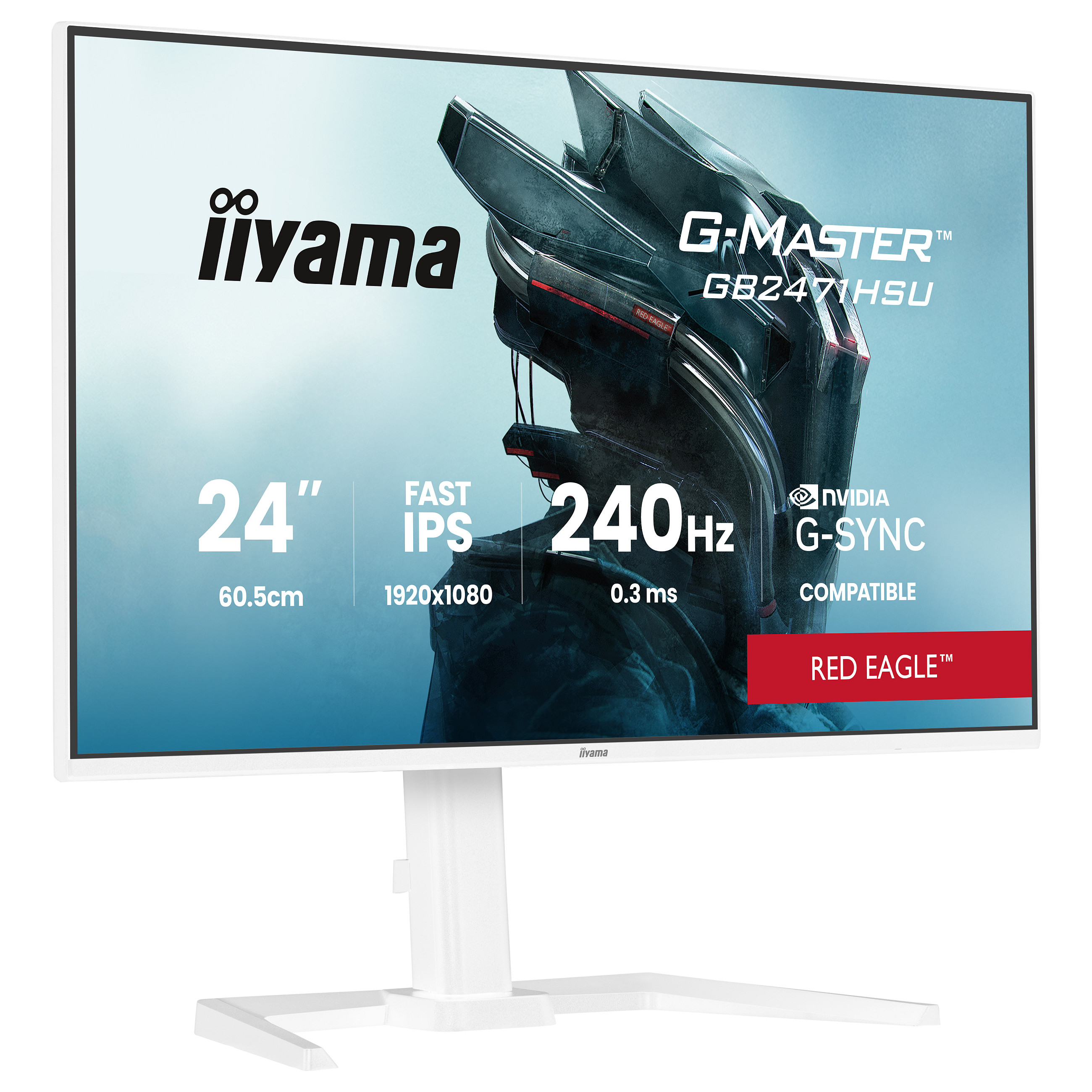 Monitor Gaming iiyama G-MASTER Red Eagle™ GB2471HSU-W1 / 24" / Full HD Fast IPS / 240Hz / 0.3ms / USB+HDMI+DP - Bardhë - 1