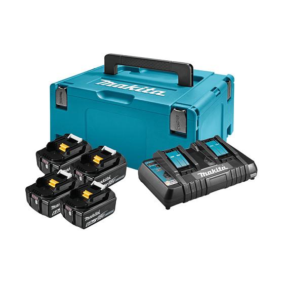 Set Bateri dhe Karikues Makita 198091-4 LXT, 18V, 4×6Ah, Karikues i Dyfishtë, MAKPAC - Blu/Zezë