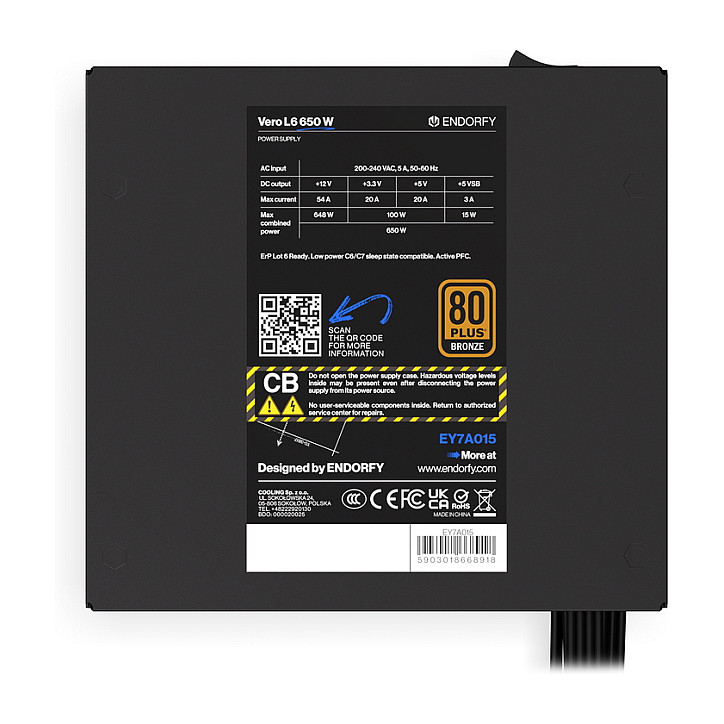 Furnizues Energjie Endorfy Vero L6 / 650W / ATX 3.1 / 80 PLUS Bronze / Non-Modular - Zezë - 9