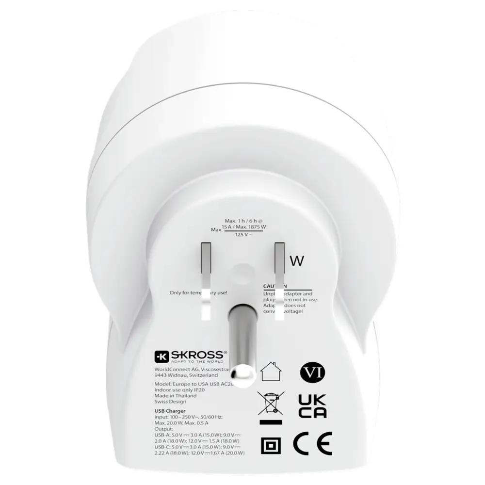 Adapter Udhëtimi SKROSS Europe to US USB AC20PD / 1x USB-C PD 20W / 1x USB-A / Type C, E & F në Type B / 2 & 3-Pin / 100-250V / 16A – Bardhë - 3