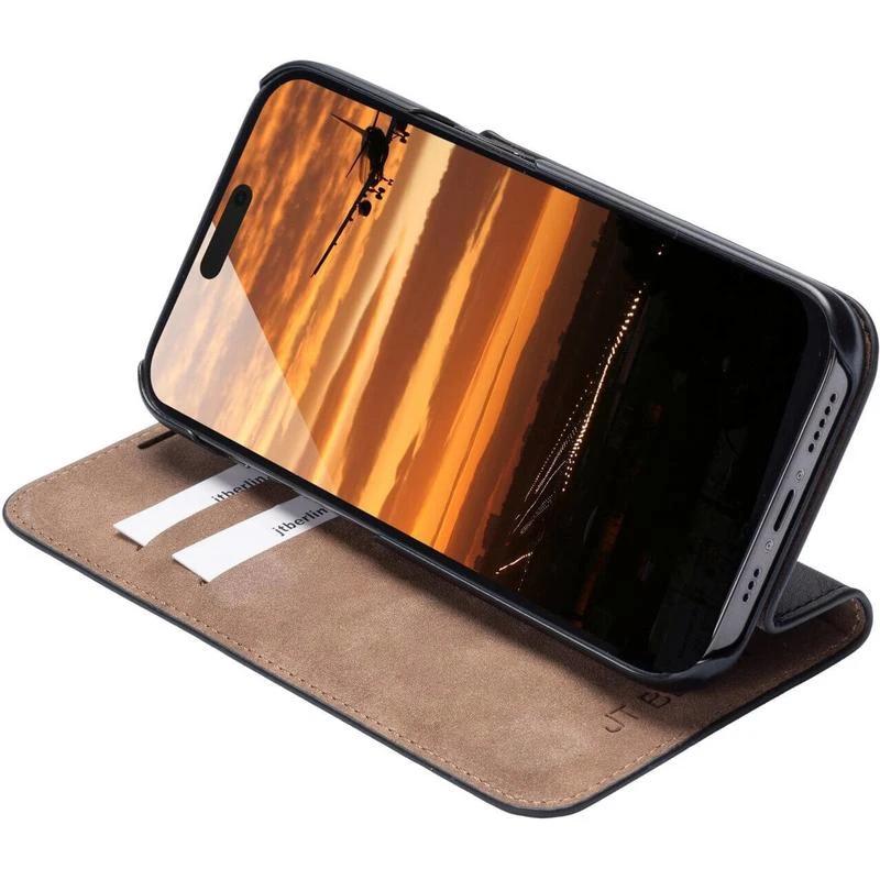 Aksesorë Apple JT Berlin Tegel / BookCase / iPhone 16 Pro / Lëkurë / 2x Hapësira për Kartela / Stand - Zezë
