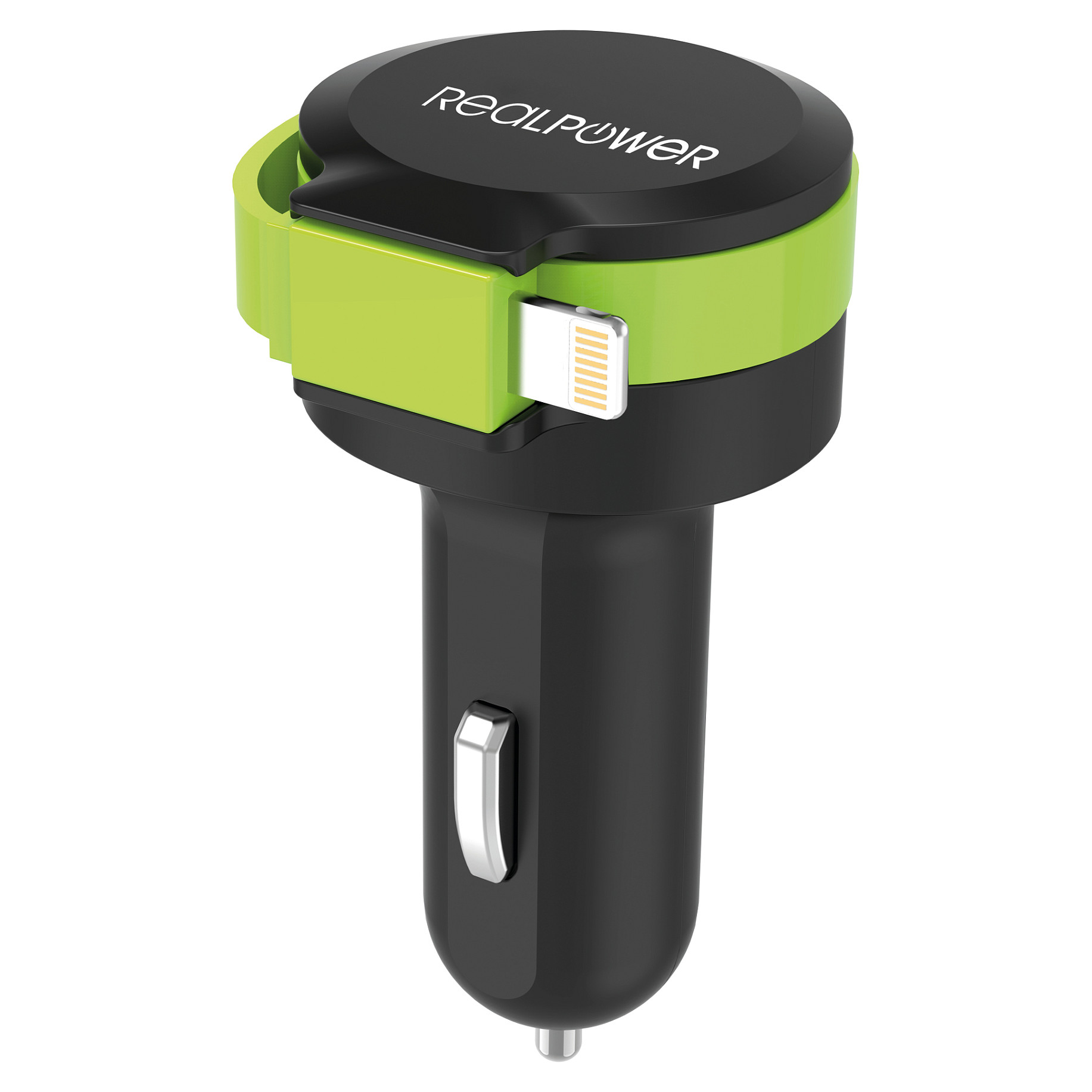 Adapter telefoni për veturë RealPower 257637 / USB-A + Lightning / 4.8A / Kabllo 0.58m – Zezë/Gjelbër - 3
