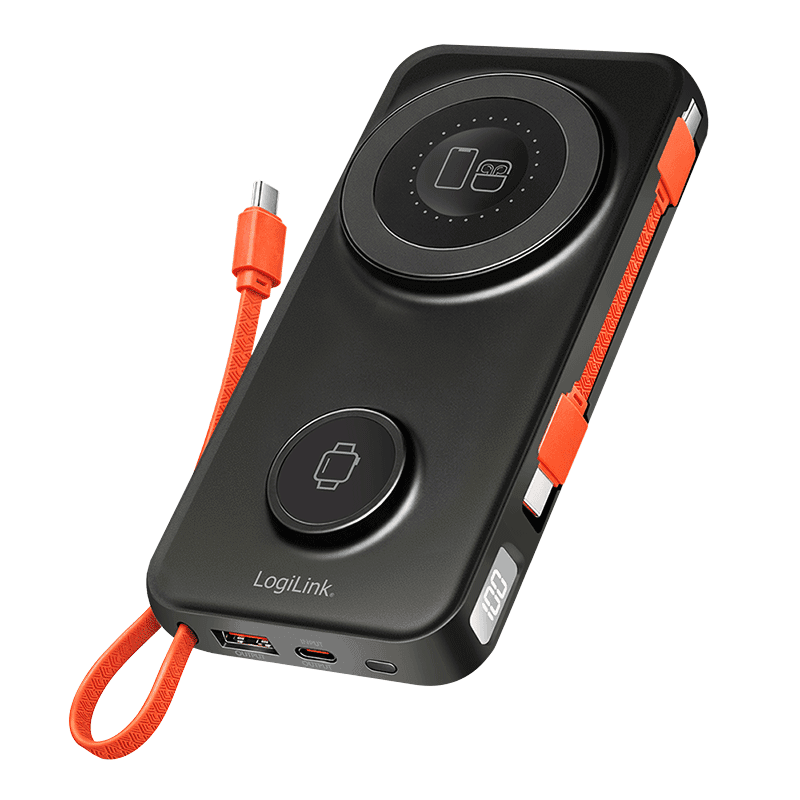 PowerBank LogiLink PA0373 / 10000mAh / USB-A 18W / USB-C 20W / Wireless 15W / MagSafe / Kabllo USB-C e integruar / LCD Display - Zezë