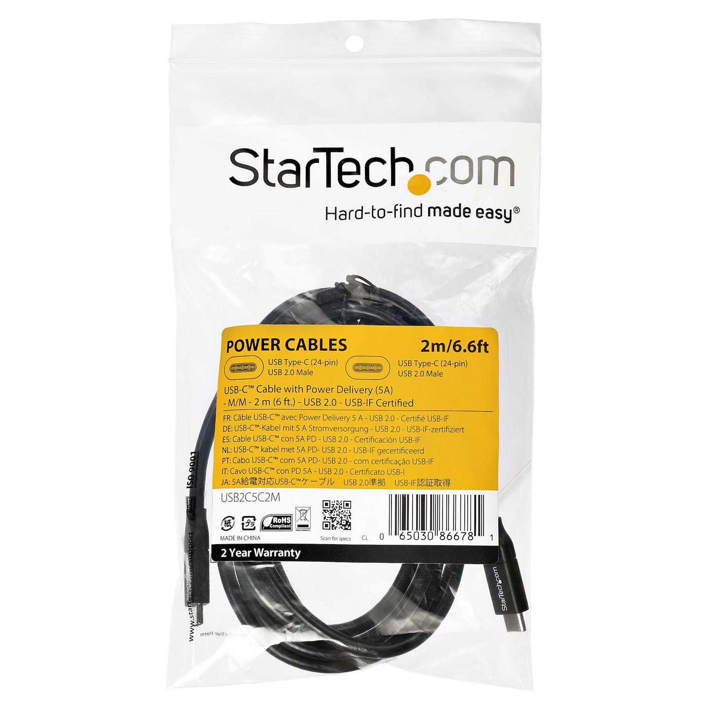 Kabllo USB StarTech.com USB2C5C2M / USB-C në USB-C / 2m / USB 2.0 / 480Mbps / 100W / 5A - Zezë - 5