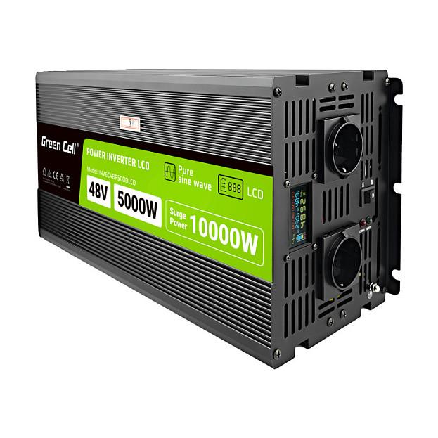 Inverter Green Cell PowerInverter LCD INVGC48P5000LCD, 48 V, 5000 W / 10000 W, Sinusoidë e Pastër, 2 Priza Schuko – Zezë