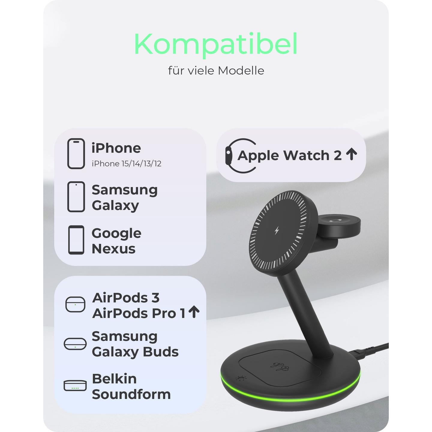 Karikues Pa Kabllo ICY BOX IB-SH102-CH / 3 në 1 / Qi / MagSafe / 10W - Zezë - 5