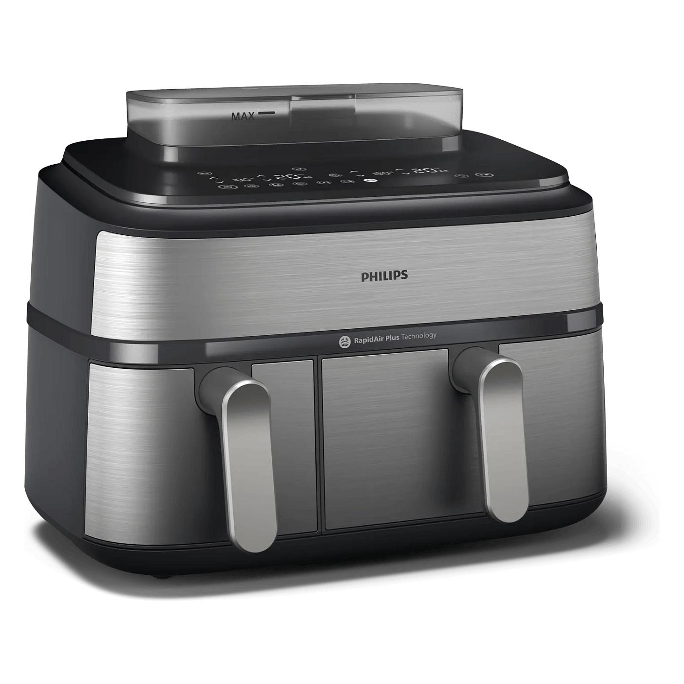 Fryer Philips 5000 Series Dual Basket / NA555/00 / 9L / 2750W / 2 Sirtarë / 12 Programe / 40–200°C / RapidAir Plus / Air Steam / Sync – Argjend/Zezë