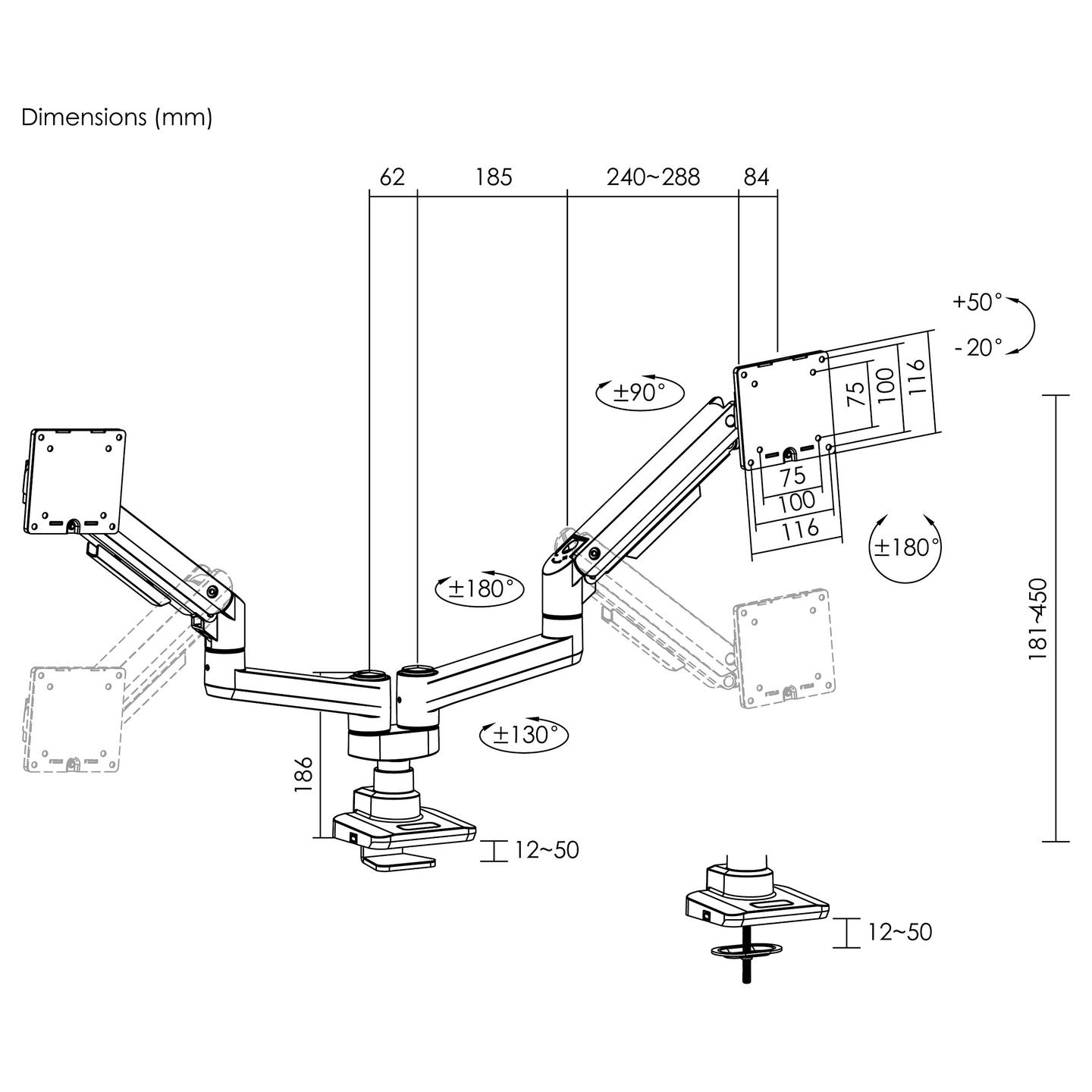 Mbajtëse për Monitor Equip 650182, 2 Monitorë, 17"–35", 20kg për Monitor, VESA 75×75mm/100×100mm - Zezë - 5