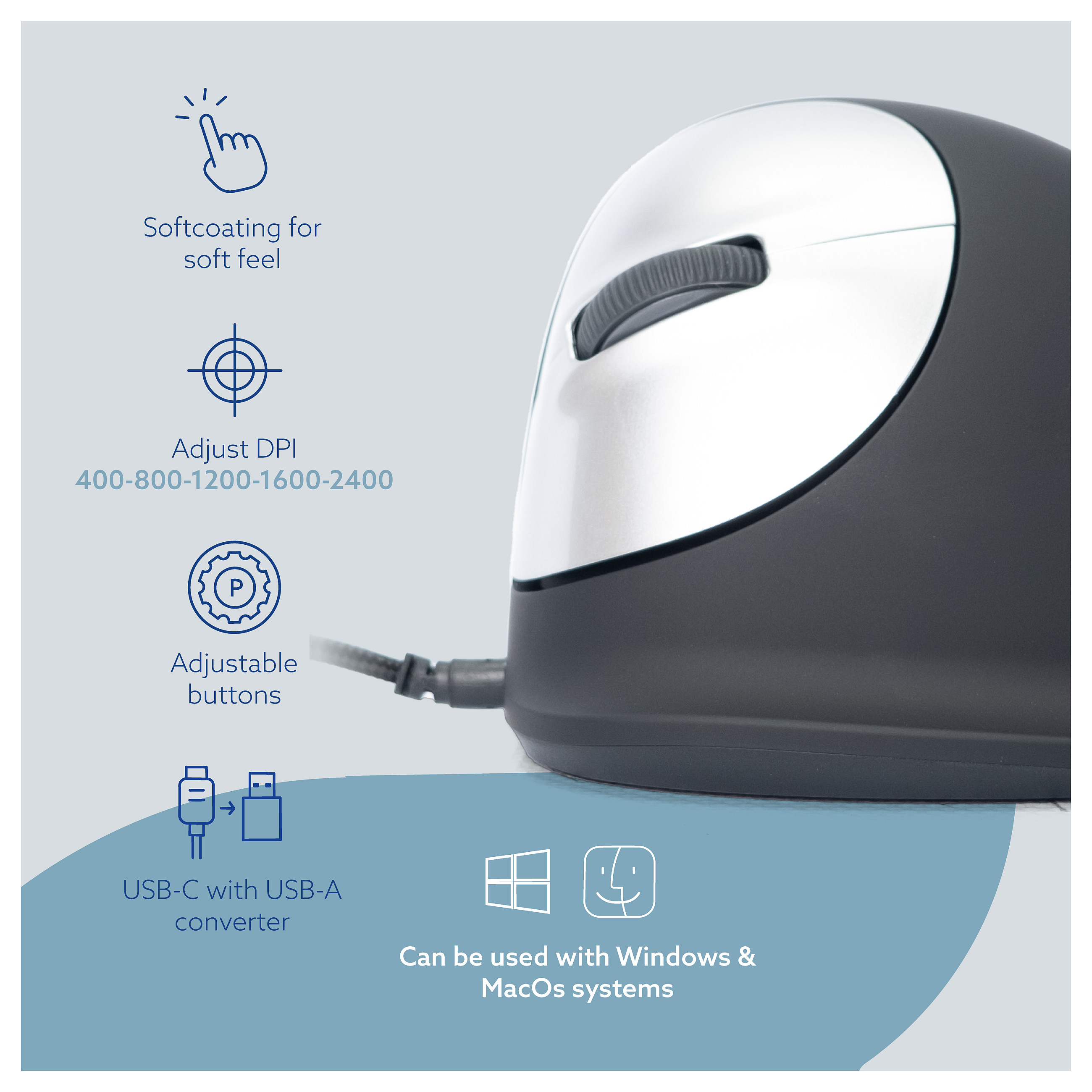 Maus me kabllo R-Go Tools HE Break / 2400 DPI / USB-A / 5 Butona - Zezë - 11