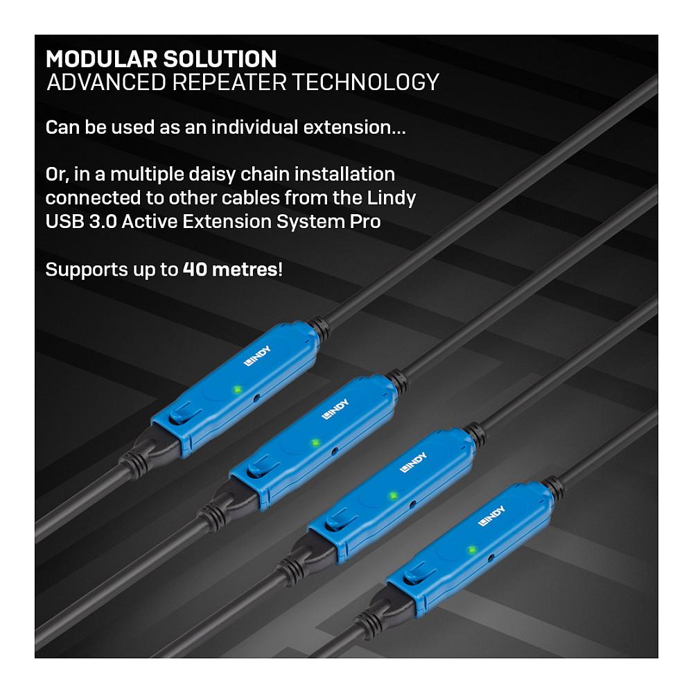 Kabllo USB LINDY 43158, USB 3.0, USB-A Mashkull në USB-A Femër, 5Gbps, 8m, Zgjatuese Aktive - Zezë - 6