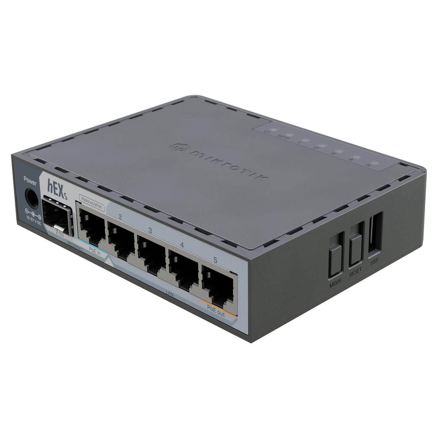 MikroTik, hEX S (2025), Ruter, 5× Gigabit Ethernet, 1× 2.5G SFP, PoE-in 802.3af/at, PoE-out, USB 3.0, RouterOS v7, Zezë - 2