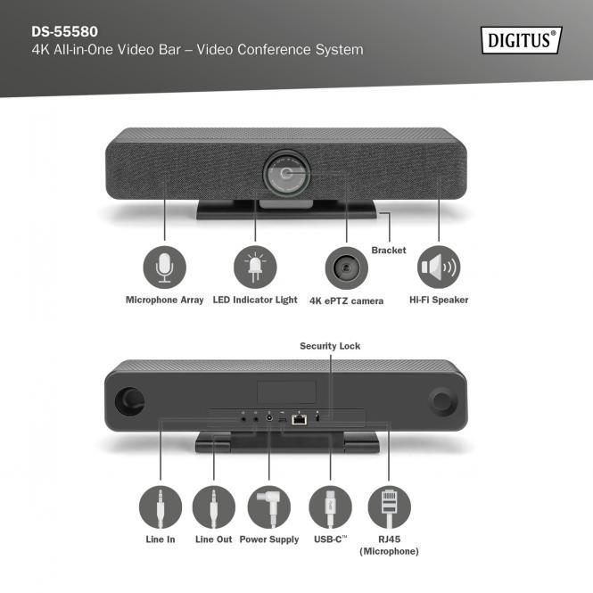Sistem për Konferencë Digitus 4K All-In-One Video Bar Pro / 4K / AI Camera / USB-C - Zezë/Hiri - 2