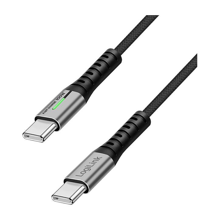 Kabllo USB LogiLink CU0434, USB 3.2 Gen 2x2, USB-C Mashkull në USB-C Mashkull, 2m, LED - Zezë