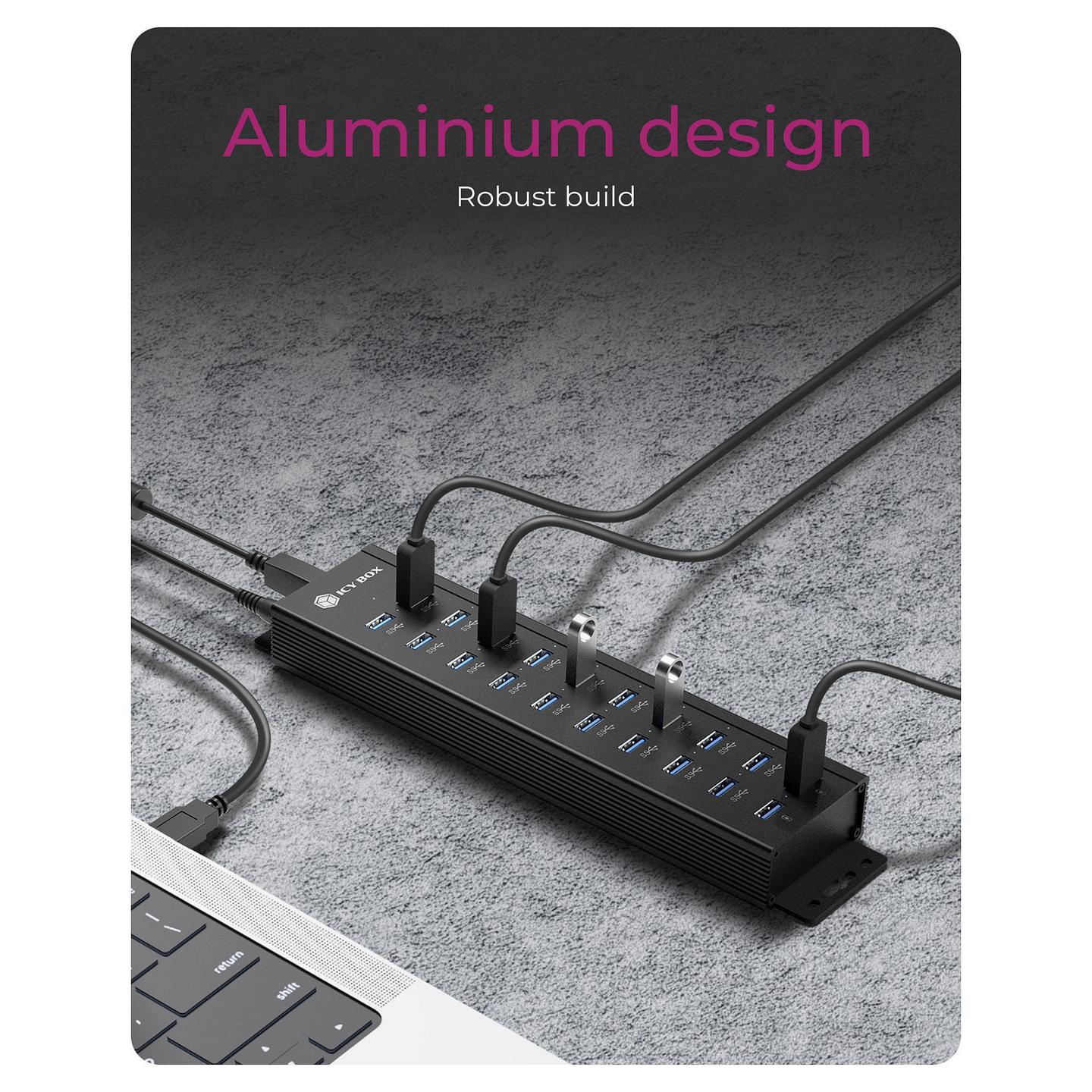 Hub ICY BOX IB-HUB1720-U3, 18x USB-A 3.2 Gen 1, 2x USB-A për karikim, 5Gbps, 15W, USB-B - Zezë - 3
