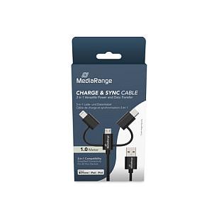 Kabllo USB MediaRange MRCS246 / USB-A në USB-C + Micro-USB-A + Lightning / USB 2.0 / 480 Mbit/s / 1m - Zezë - 1