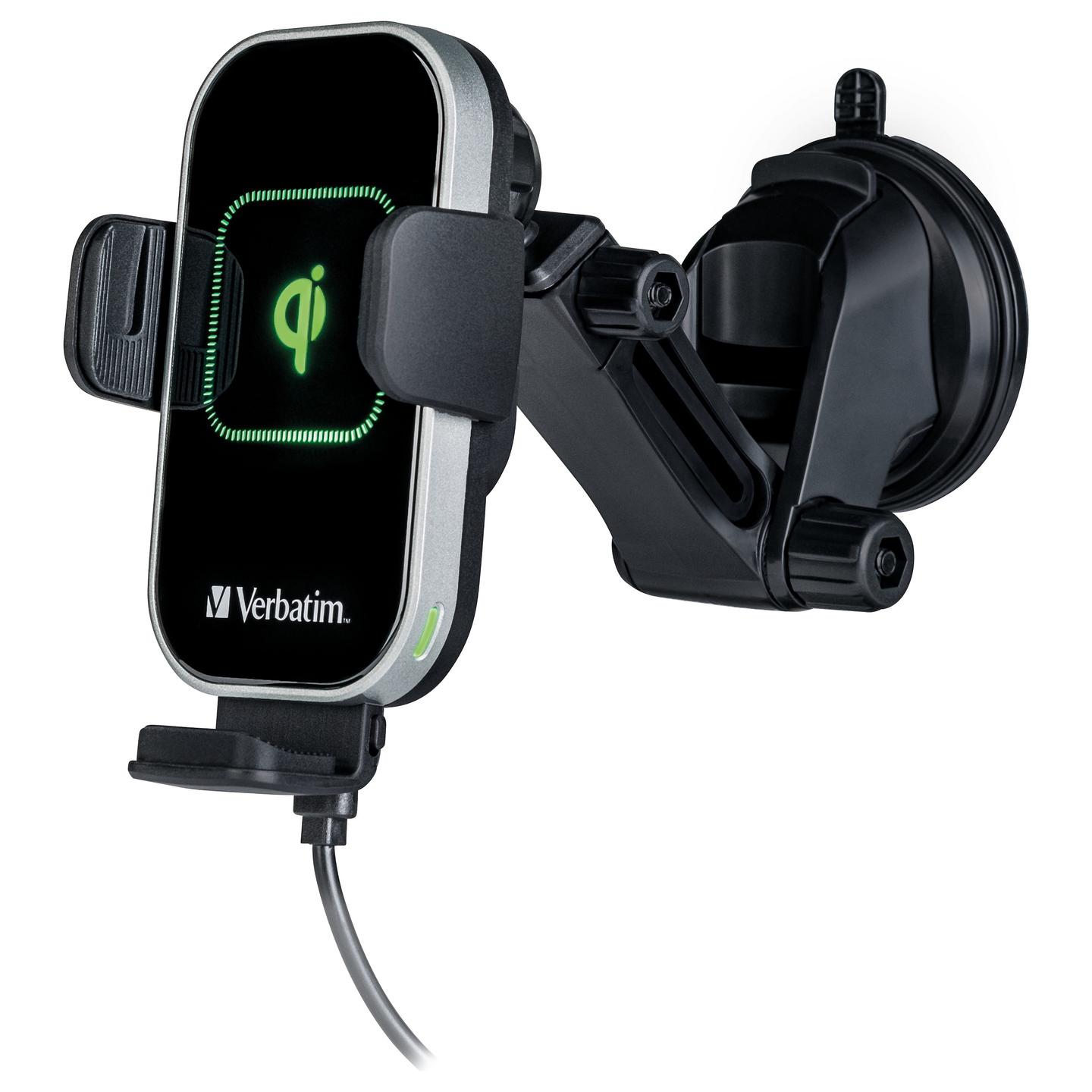 Mbajtës Telefoni për Veturë Verbatim FWC-03 Pro, Karikim Wireless Qi, 15W, Mbërthim Automatik, Rrotullim 360°, 3 Mundësi Montimi, USB-C në USB-A, 1 m – Zezë