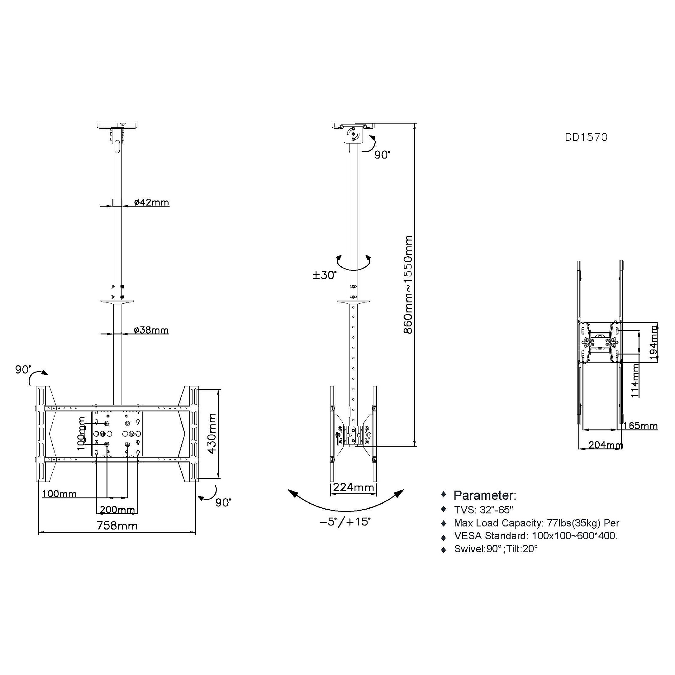 Mbajtëse për TV Equip Deckenhalterung / 39″–75″ / 2 TFT / 40 kg / 2 Gelenke - Zezë - 7