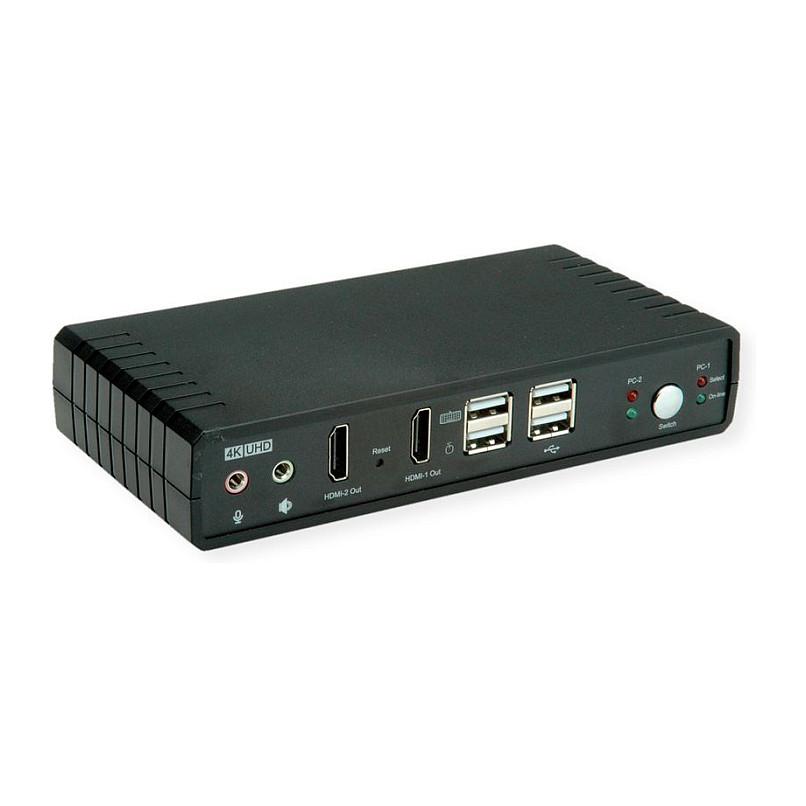 KVM Switch ROLINE 14.01.3047, 2 Kompjuterë, Dual Monitor HDMI 4K 60Hz, DisplayPort 1.2, HDMI 2.0, Hub USB 2.0 me 2 Porta  - Zezë