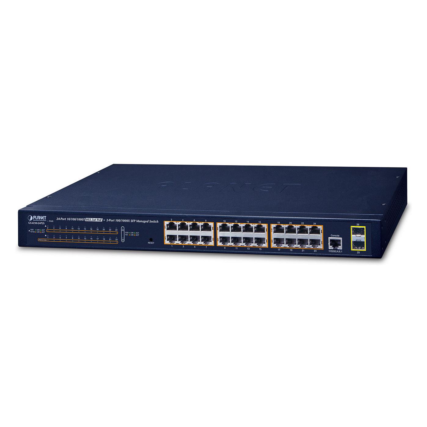 Switch PLANET GS-4210-24P2S, 24x Gigabit Ethernet RJ45 PoE+, 2x 2.5G SFP, PoE 370W, 58Gbps, Layer 2/4 Managed, Rack 1U - Blu