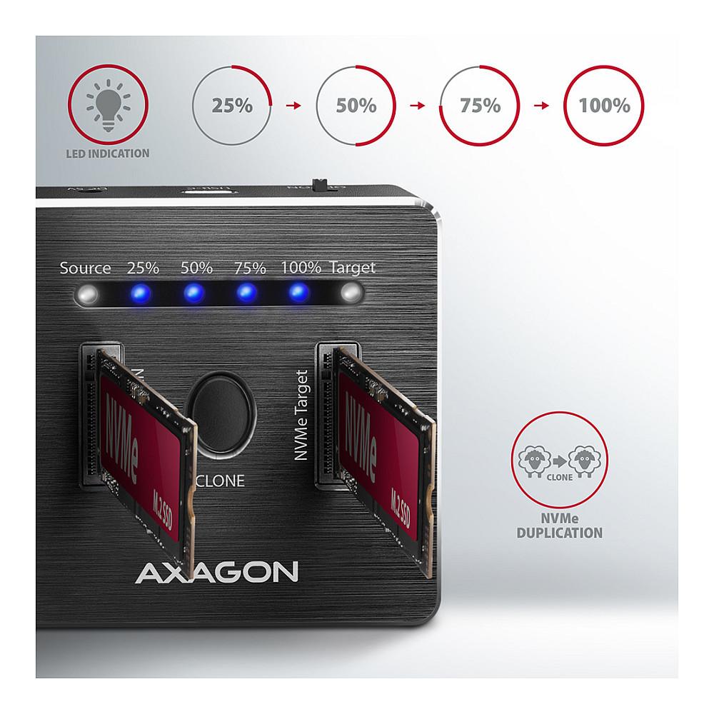 Këllëf për Disqe AXAGON ADSA-M2C, 2x M.2 NVMe, USB-C 3.2 Gen 2, 10Gbps, Klonim Pa Kompjuter - Zezë - 2