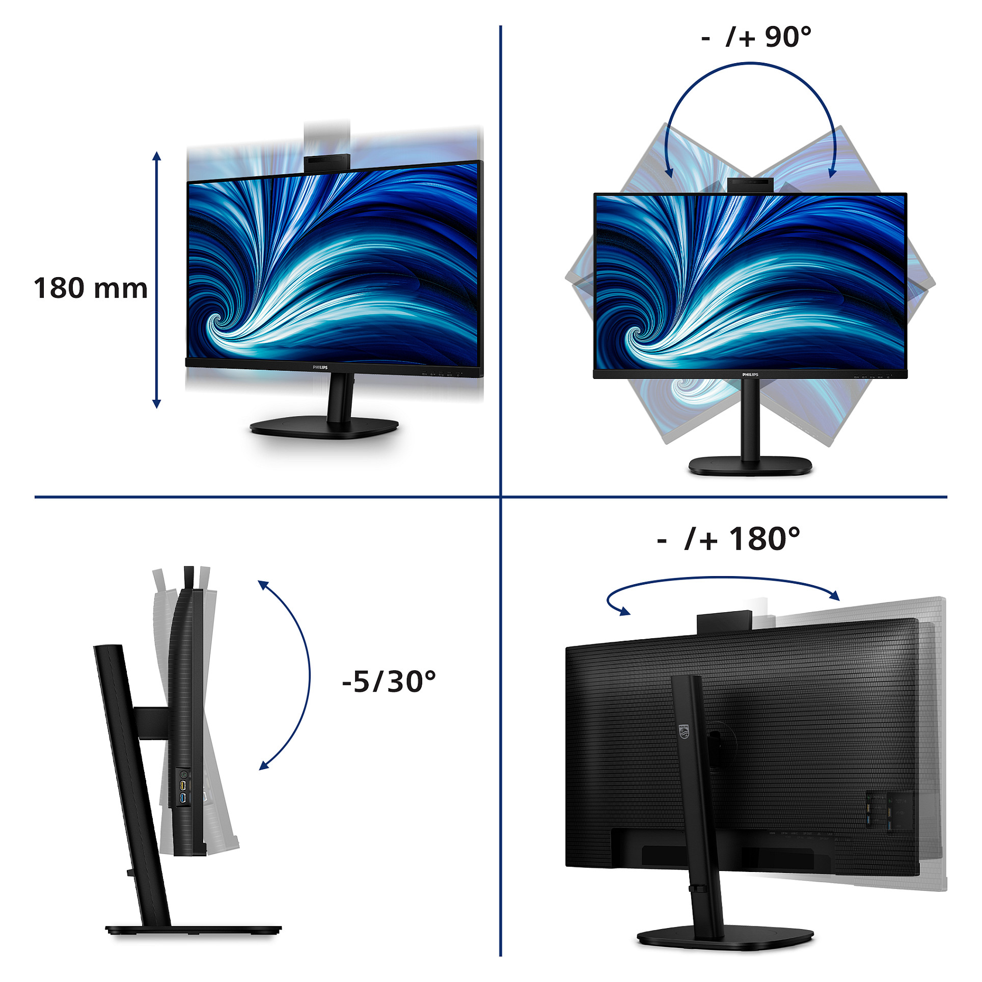 Monitor Philips B-Line 32B2U3601H 00 / 31.5" / Quad HD IPS / LCD / 100 Hz / 4 ms / HDMI+USB+DP+HDCP - Zezë - 4